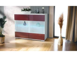Cómoda Bari V3, Moderno armario de cocina con 2 grandes puertas de cristal incl. iluminación RGB blanco mate / burdeos de alto brillo (92,5 x 75.5 x 35)