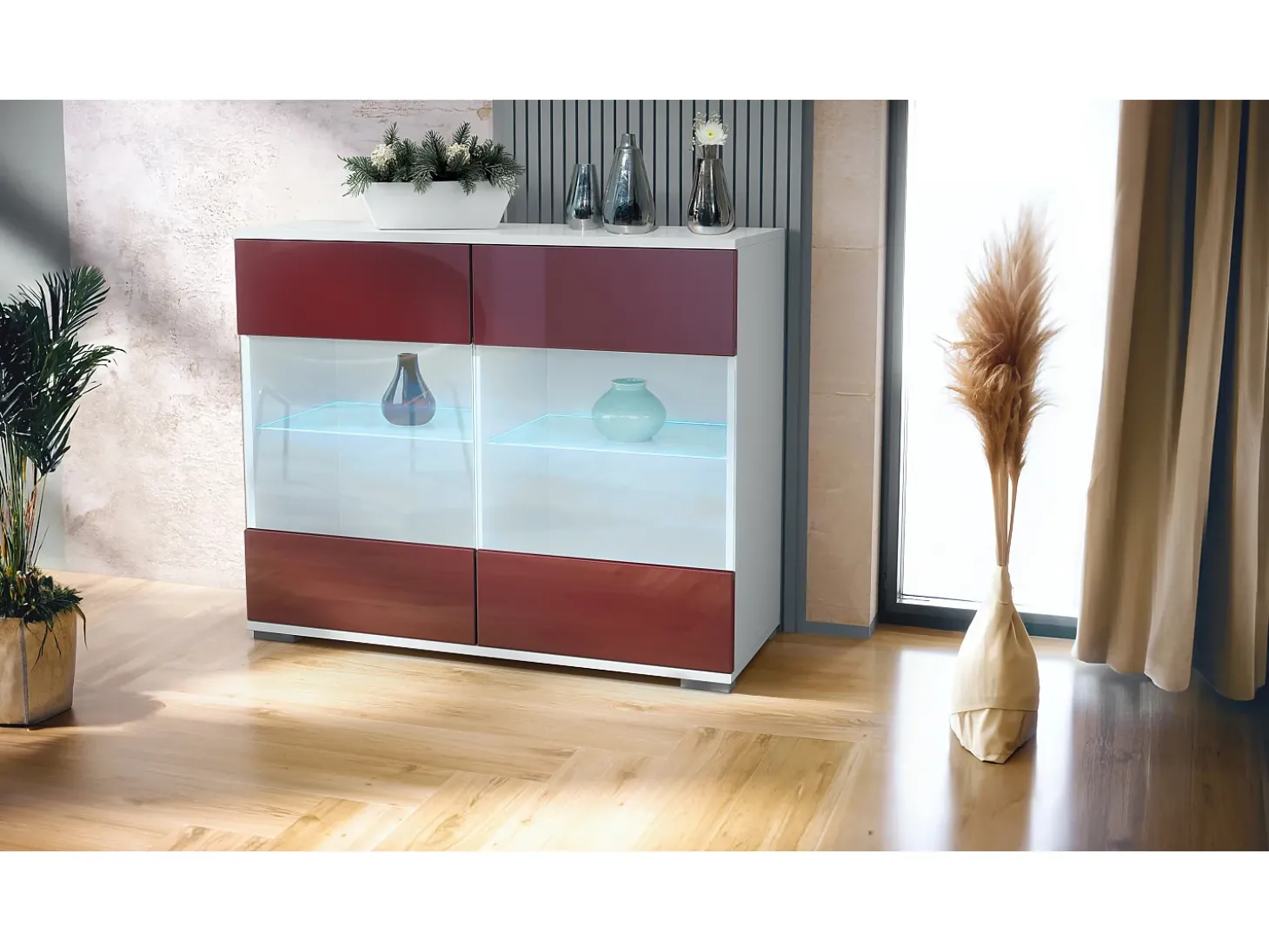 Cómoda Bari V3, Moderno armario de cocina con 2 grandes puertas de cristal incl. iluminación RGB blanco mate / burdeos de alto brillo (92,5 x 75.5 x 35)