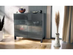 Cómoda Bari V3, Moderno armario de cocina con 2 grandes puertas de cristal antracita mate / gris de alto brillo (92,5 x 84.5 x 35)