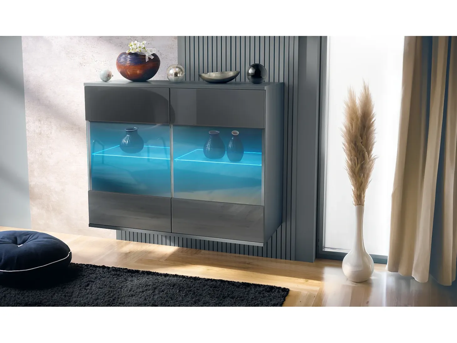 Cómoda Bari V3, Moderno armario de cocina con 2 grandes puertas de cristal incl. iluminación RGB antracita mate / gris de alto brillo (92,5 x 73.5 x 35)