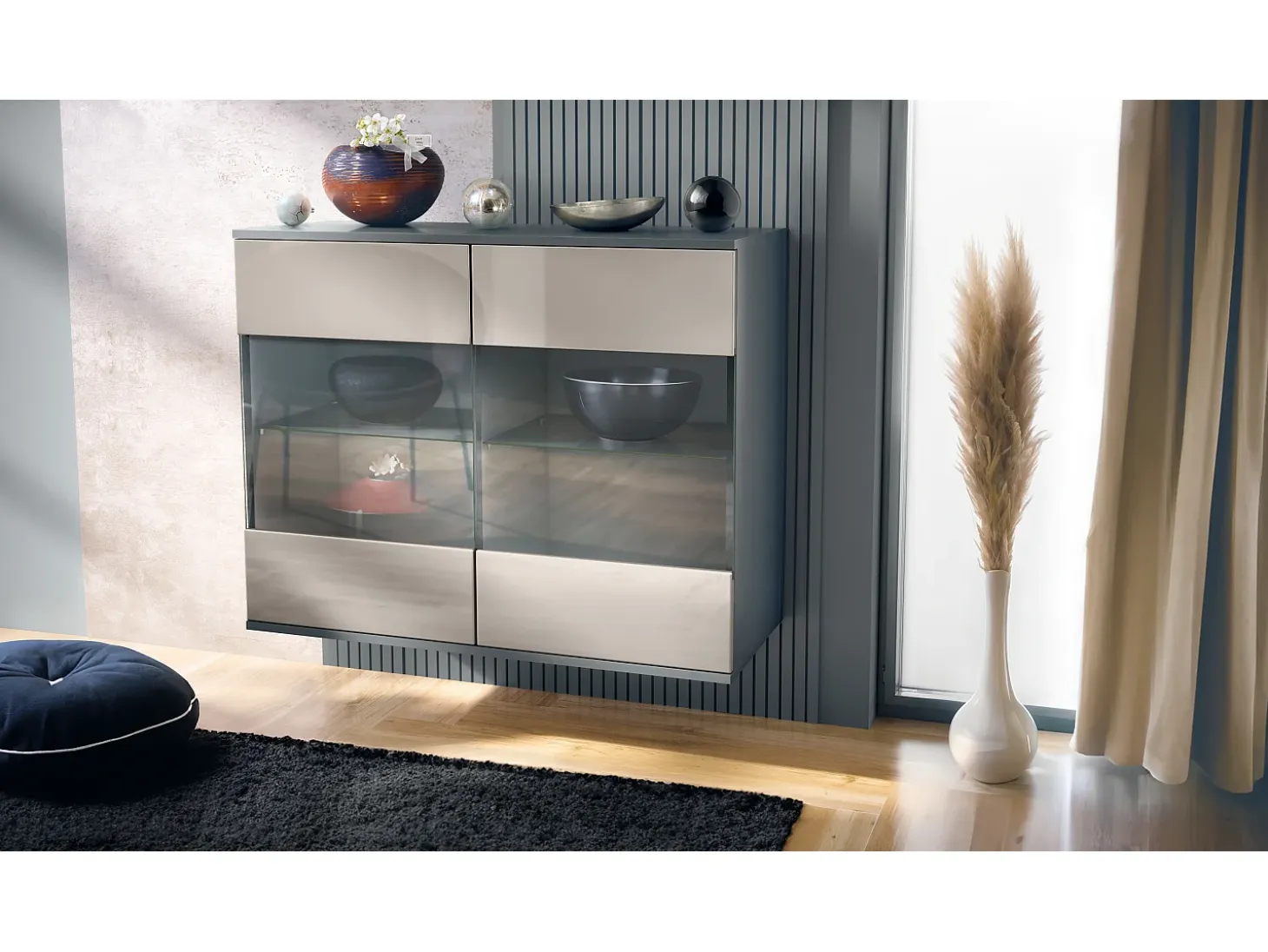 Cómoda Bari V3, Moderno armario de cocina con 2 grandes puertas de cristal antracita mate / gris arena de alto brillo (92,5 x 73.5 x 35)