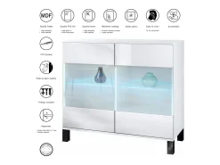 Cómoda Bari V3, Moderno armario de cocina con 2 grandes puertas de cristal incl. iluminación RGB blanco mate / burdeos de alto brillo (92,5 x 84.5 x 35)