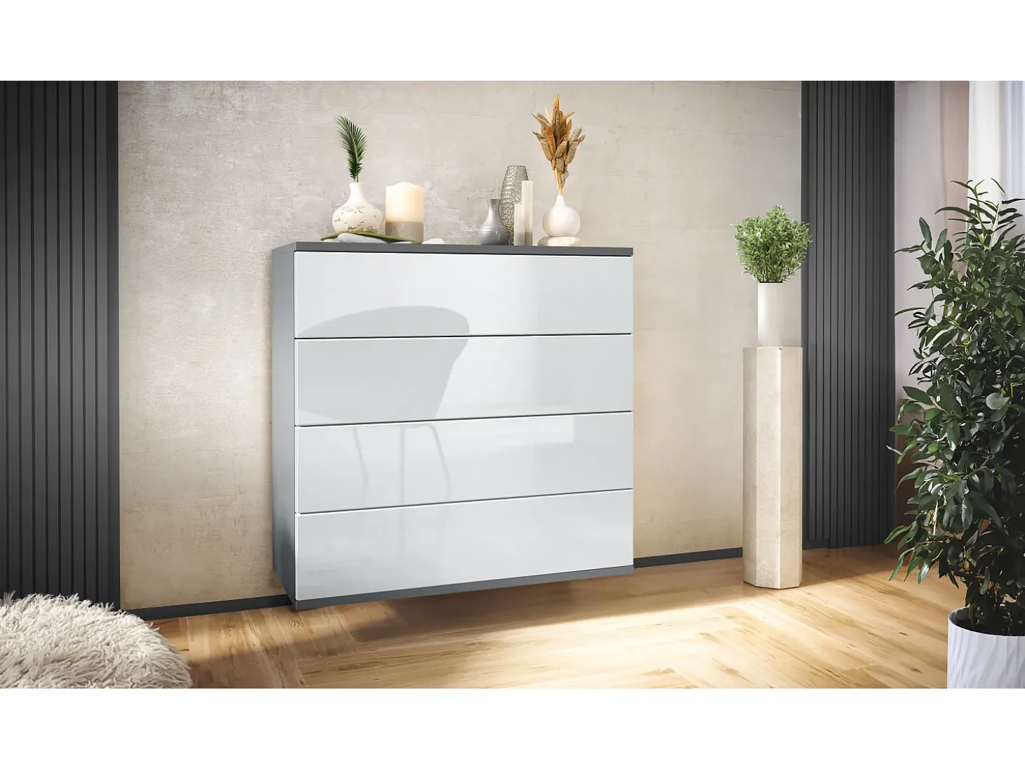 Cómoda colgante Pavos V3, Aparador con 4 cajones antracita mate/blanco de alto brillo (76 x 76 x 35 cm)
