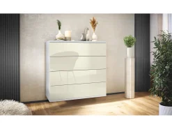 Cómoda colgante Pavos V3, Aparador con 4 cajones blanco mate/crema de alto brillo (76 x 76 x 35 cm)