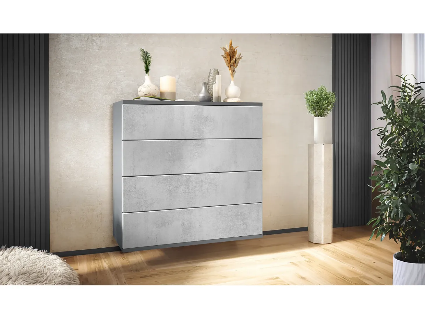 Cómoda colgante Pavos V3, Aparador con 4 cajones antracita mate/hormigón oxidado (76 x 76 x 35 cm)