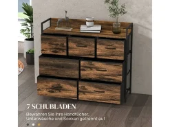 Cómoda con 7 cajones de tela, diseño antivuelco, MDF, marrón (98x29x85 cm)