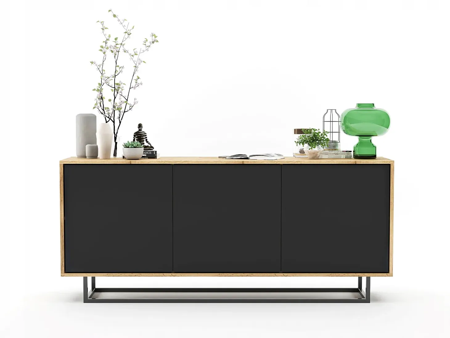 Cómoda con 3 puertas - cuerpo roble wotan, frentes negro mate - 168 cm, estructura metálica
