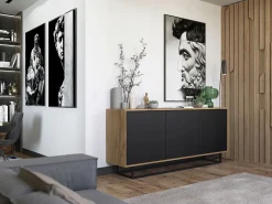 Cómoda con 3 puertas - cuerpo roble wotan, frentes negro mate - 168 cm, estructura metálica