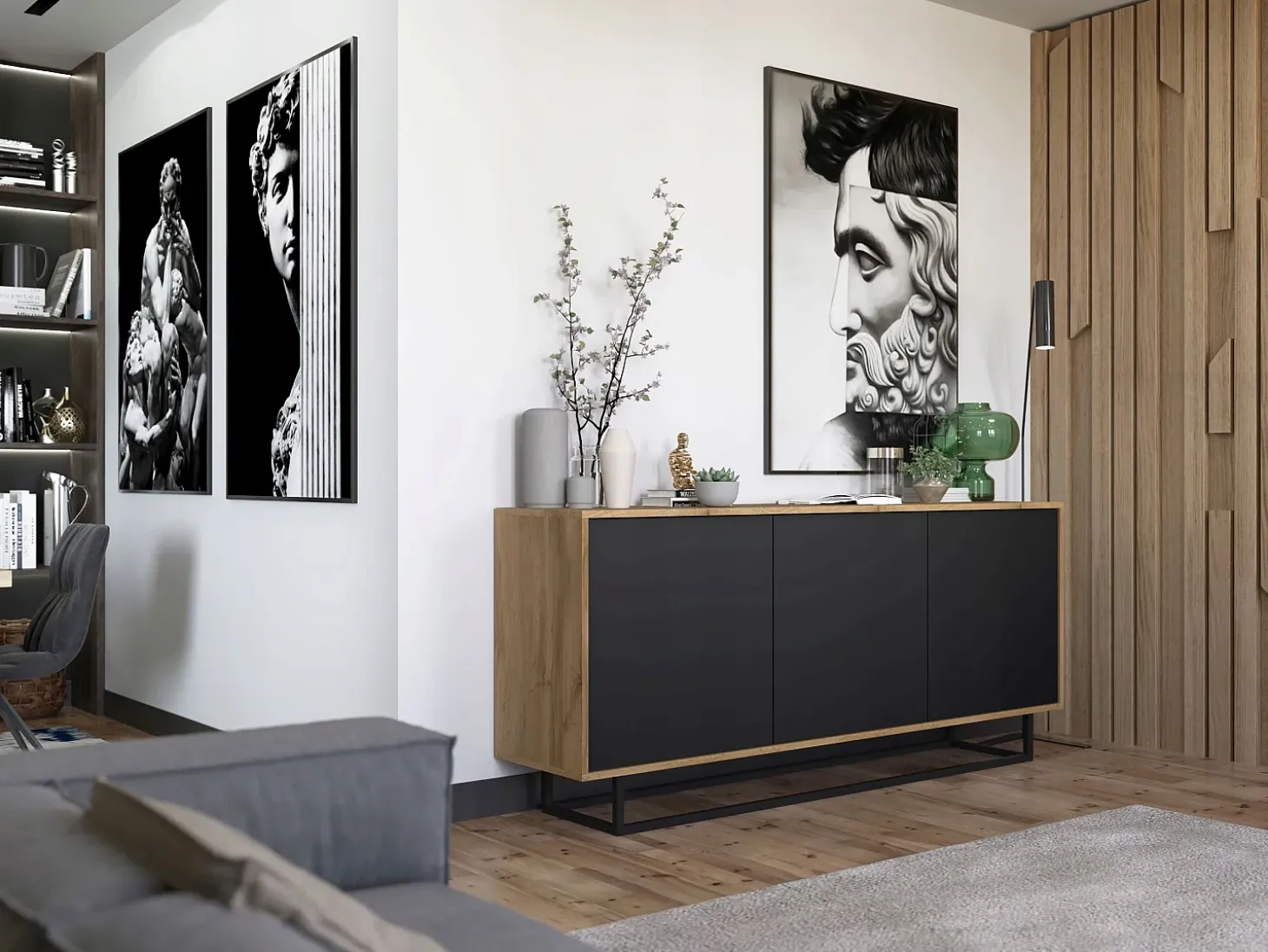 Cómoda con 3 puertas - cuerpo roble wotan, frentes negro mate - 168 cm, estructura metálica