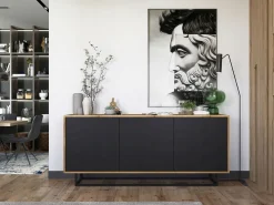 Cómoda con 3 puertas - cuerpo roble wotan, frentes negro mate - 168 cm, estructura metálica