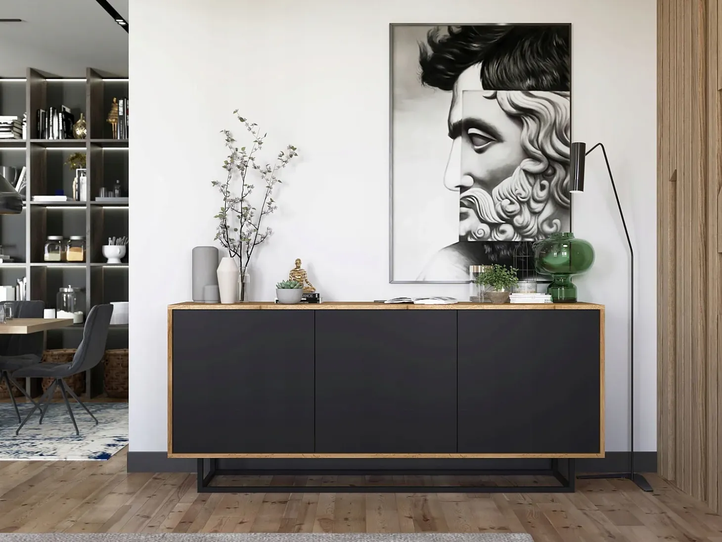 Cómoda con 3 puertas - cuerpo roble wotan, frentes negro mate - 168 cm, estructura metálica