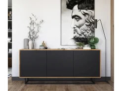 Cómoda con 3 puertas - cuerpo roble wotan, frentes negro mate - 168 cm, estructura metálica