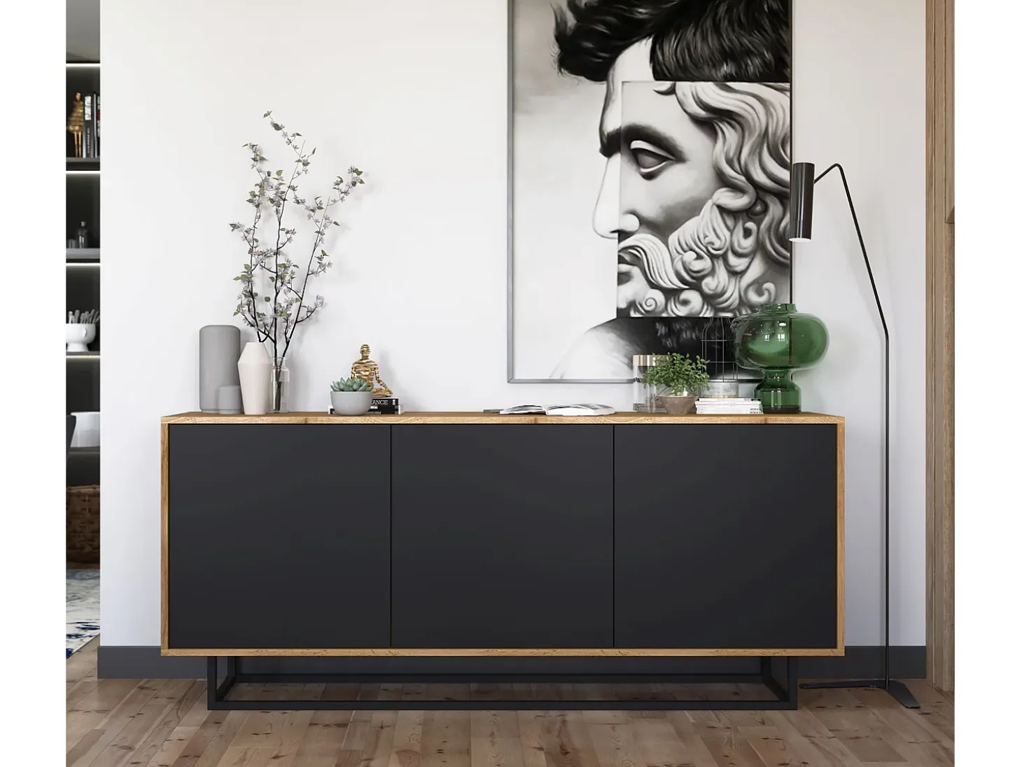 Cómoda con 3 puertas - cuerpo roble wotan, frentes negro mate - 168 cm, estructura metálica