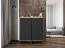 Cómoda con 4 puertas – cuerpo roble wotan, frentes negro mate – 113 cm, patas de metal