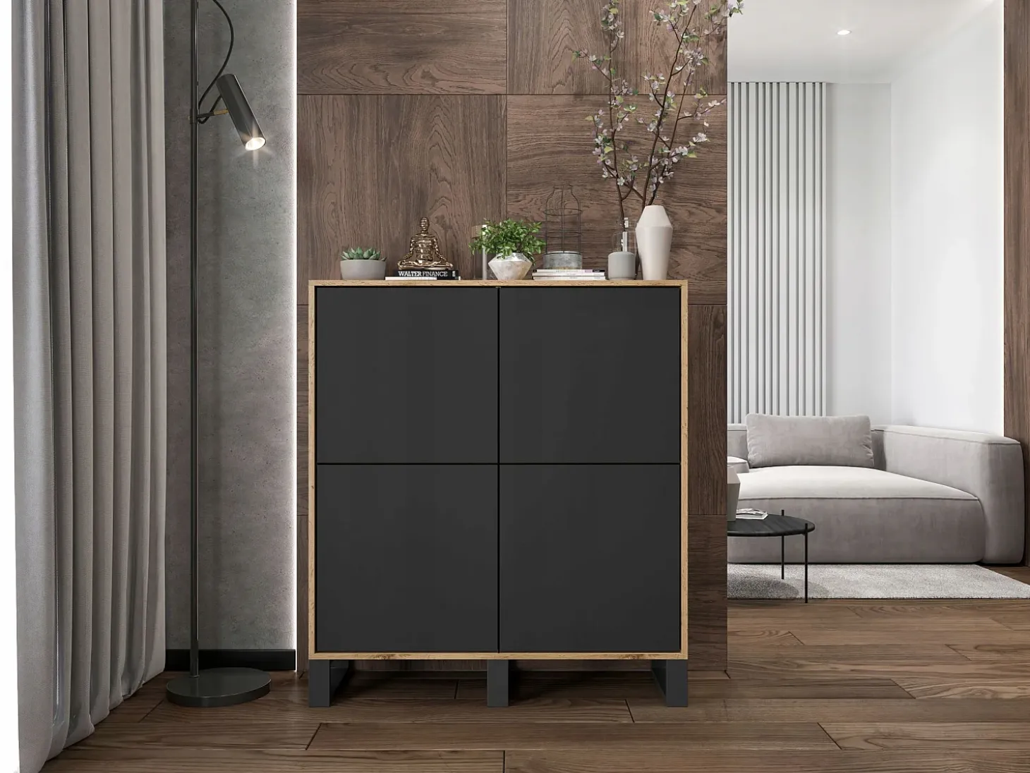 Cómoda con 4 puertas – cuerpo roble wotan, frentes negro mate – 113 cm, patas de metal
