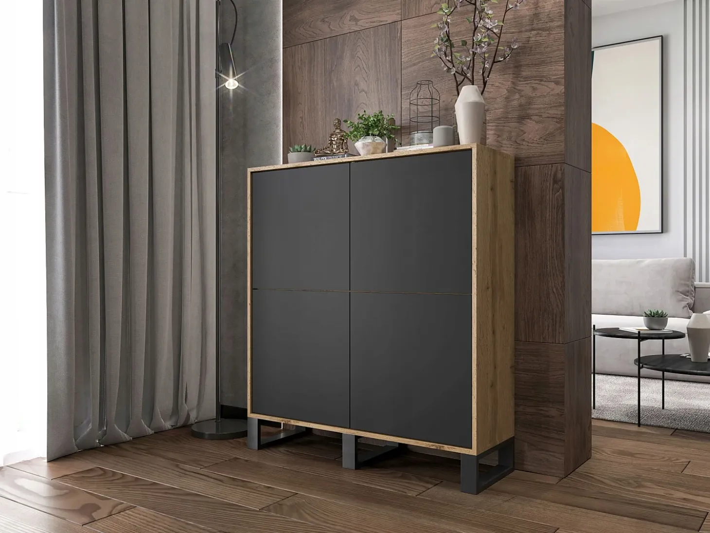 Cómoda con 4 puertas – cuerpo roble wotan, frentes negro mate – 113 cm, patas de metal