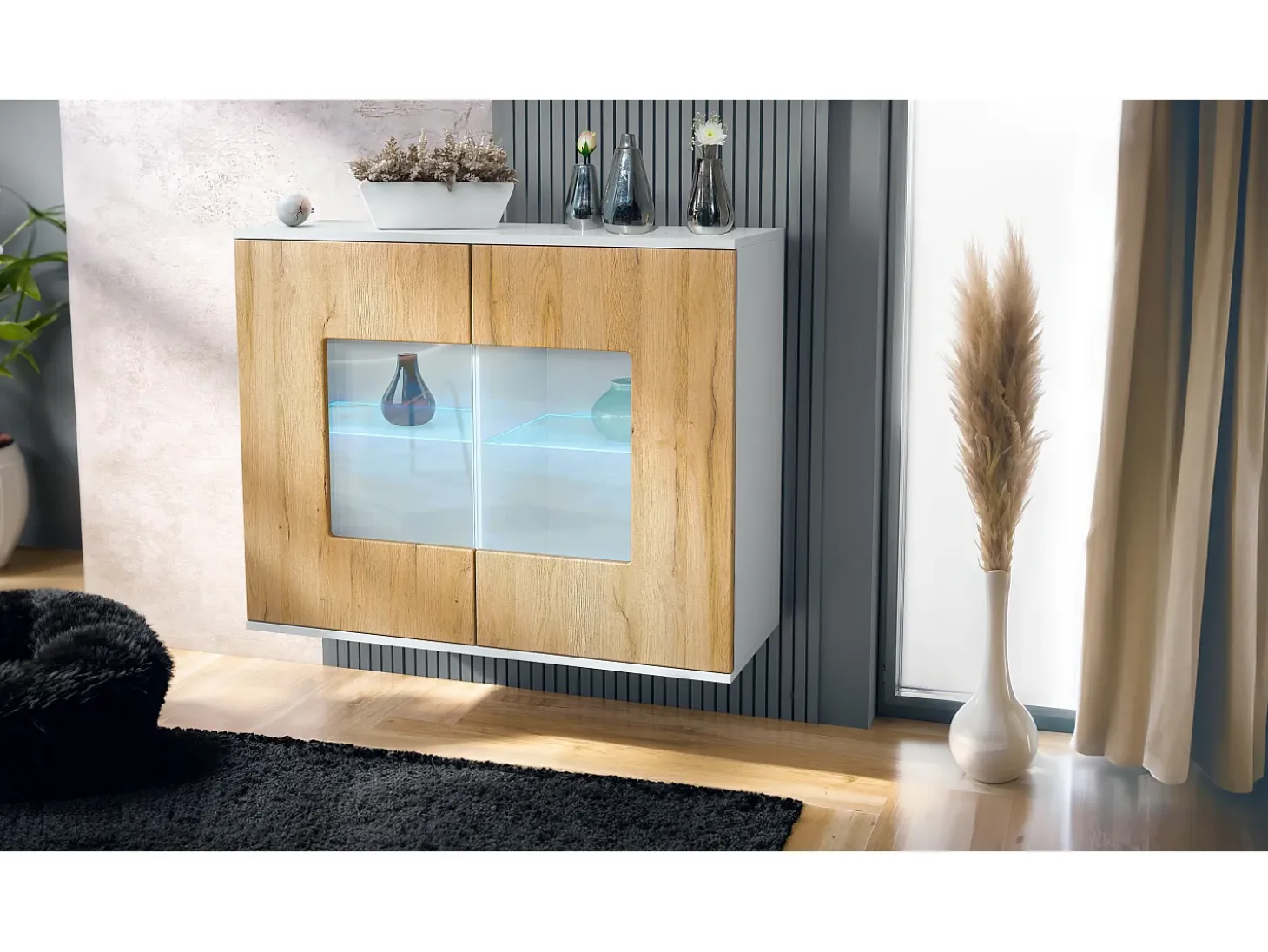 Cómoda Grömitz V3, Moderno armario de cocina con 2 grandes puertas de cristal incl. iluminación RGB blanco mate / roble natural (92,5 x 73.5 x 35)