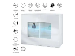 Cómoda Grömitz V3, Moderno armario de cocina con 2 grandes puertas de cristal incl. iluminación RGB blanco mate / roble natural (92,5 x 73.5 x 35)