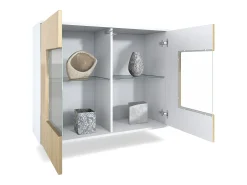 Cómoda Grömitz V3, Moderno armario de cocina con 2 grandes puertas de cristal incl. iluminación RGB blanco mate / roble natural (92,5 x 73.5 x 35)
