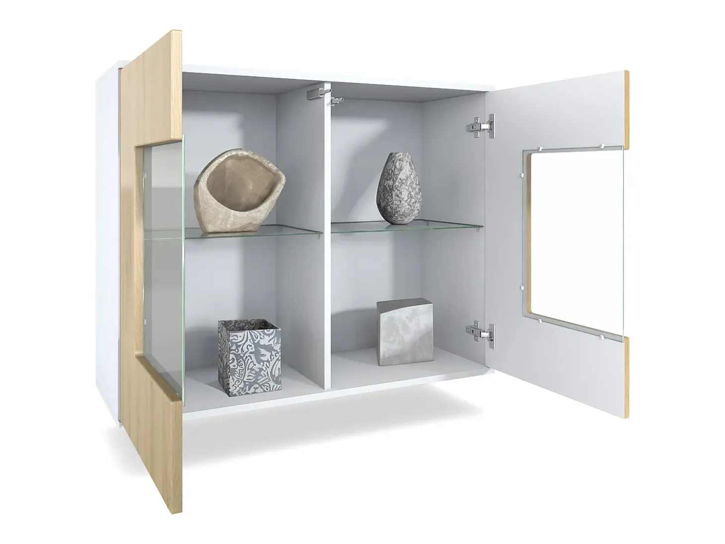 Cómoda Grömitz V3, Moderno armario de cocina con 2 grandes puertas de cristal incl. iluminación RGB blanco mate / roble natural (92,5 x 73.5 x 35)