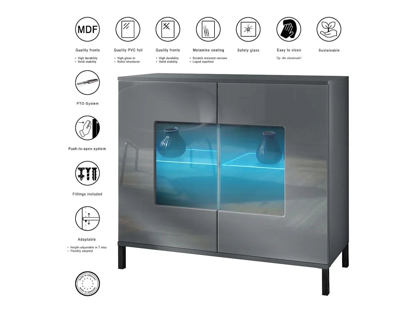 Cómoda Grömitz V3, Moderno armario de cocina con 2 grandes puertas de cristal incl. iluminación RGB antracita mate / burdeos de alto brillo (92,5 x 83.5 x 35)