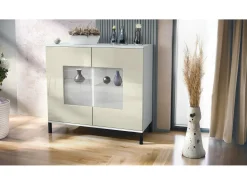 Cómoda Grömitz V3, Moderno armario de cocina con 2 grandes puertas de cristal blanco mate / crema de alto brillo (92,5 x 83.5 x 35)