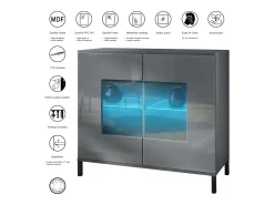 Cómoda Grömitz V3, Moderno armario de cocina con 2 grandes puertas de cristal incl. iluminación RGB antracita mate / gris de alto brillo (92,5 x 83.5 x 35)