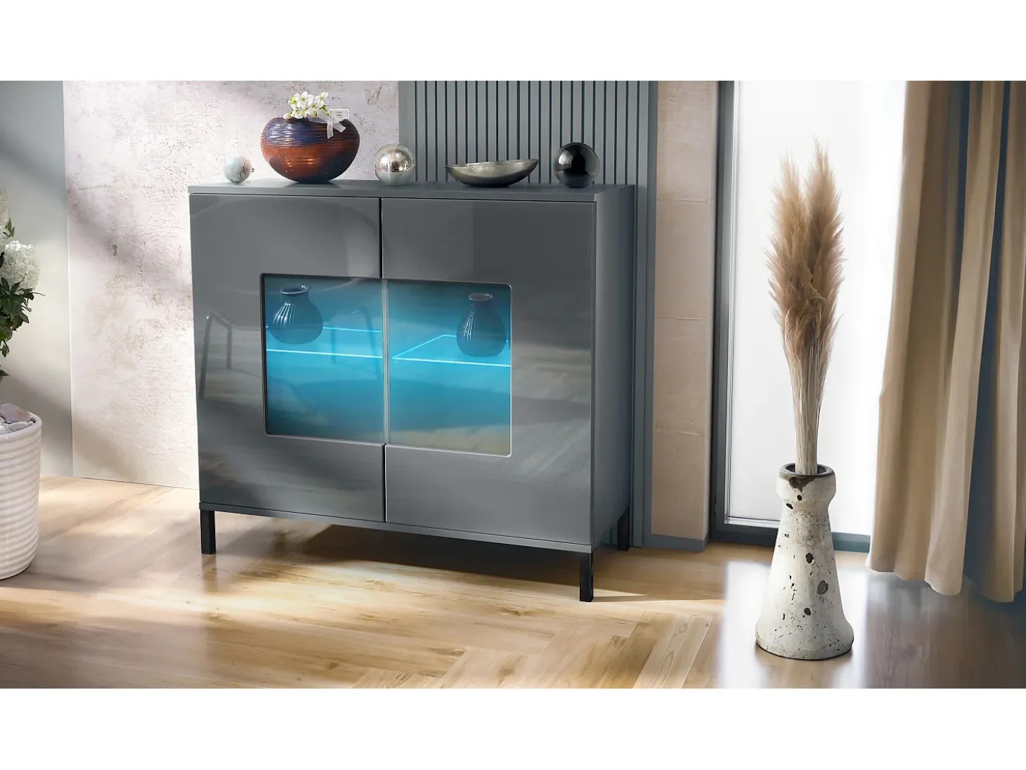 Cómoda Grömitz V3, Moderno armario de cocina con 2 grandes puertas de cristal incl. iluminación RGB antracita mate / gris de alto brillo (92,5 x 83.5 x 35)