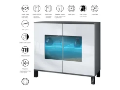 Cómoda Grömitz V3, Moderno armario de cocina con 2 grandes puertas de cristal incl. iluminación RGB antracita mate / crema de alto brillo (92,5 x 84.5 x 35)