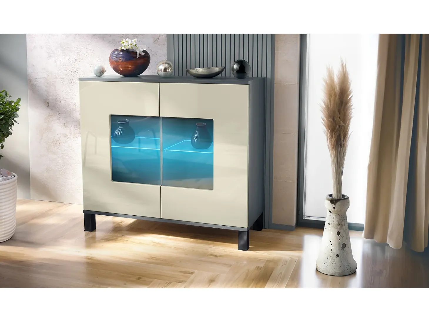 Cómoda Grömitz V3, Moderno armario de cocina con 2 grandes puertas de cristal incl. iluminación RGB antracita mate / crema de alto brillo (92,5 x 84.5 x 35)