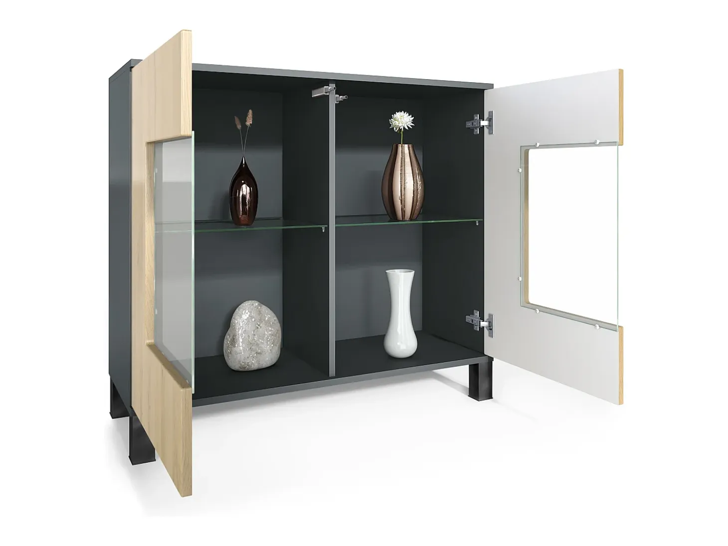 Cómoda Grömitz V3, Moderno armario de cocina con 2 grandes puertas de cristal incl. iluminación RGB antracita mate / crema de alto brillo (92,5 x 84.5 x 35)