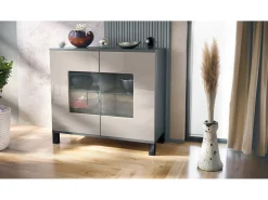 Cómoda Grömitz V3, Moderno armario de cocina con 2 grandes puertas de cristal antracita mate / gris arena de alto brillo (92,5 x 84.5 x 35)