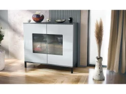 Cómoda Grömitz V3, Moderno armario de cocina con 2 grandes puertas de cristal antracita mate / blanco de alto brillo (92,5 x 83.5 x 35)