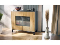 Cómoda Grömitz V3, Moderno armario de cocina con 2 grandes puertas de cristal antracita mate / roble natural (92,5 x 84.5 x 35)