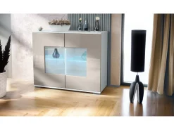 Cómoda Grömitz V3, Moderno armario de cocina con 2 grandes puertas de cristal incl. iluminación RGB blanco mate / gris arena de alto brillo (92,5 x 75.5 x 35)