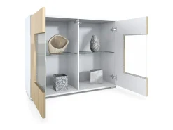 Cómoda Grömitz V3, Moderno armario de cocina con 2 grandes puertas de cristal incl. iluminación RGB blanco mate / gris arena de alto brillo (92,5 x 75.5 x 35)
