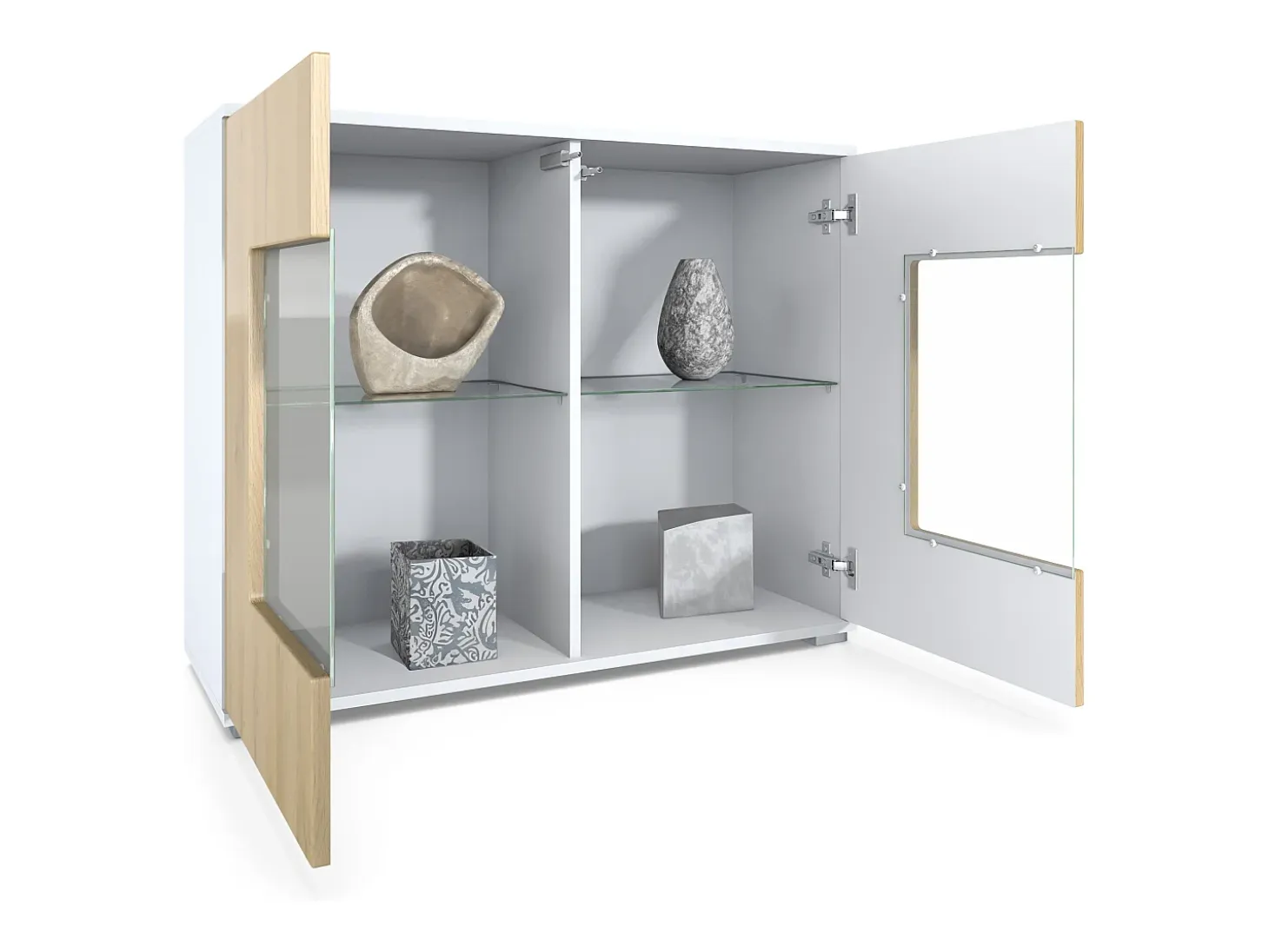 Cómoda Grömitz V3, Moderno armario de cocina con 2 grandes puertas de cristal incl. iluminación RGB blanco mate / gris arena de alto brillo (92,5 x 75.5 x 35)