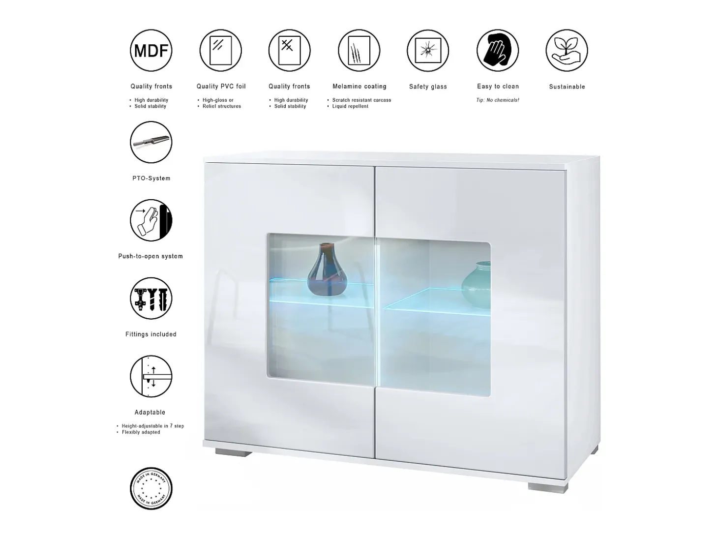 Cómoda Grömitz V3, Moderno armario de cocina con 2 grandes puertas de cristal incl. iluminación RGB blanco mate / gris arena de alto brillo (92,5 x 75.5 x 35)