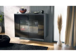 Cómoda Grömitz V3, Moderno armario de cocina con 2 grandes puertas de cristal antracita mate / negro de alto brillo (92,5 x 73.5 x 35)