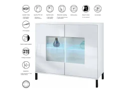 Cómoda Grömitz V3, Moderno armario de cocina con 2 grandes puertas de cristal incl. iluminación RGB blanco mate / negro de alto brillo (92,5 x 83.5 x 35)