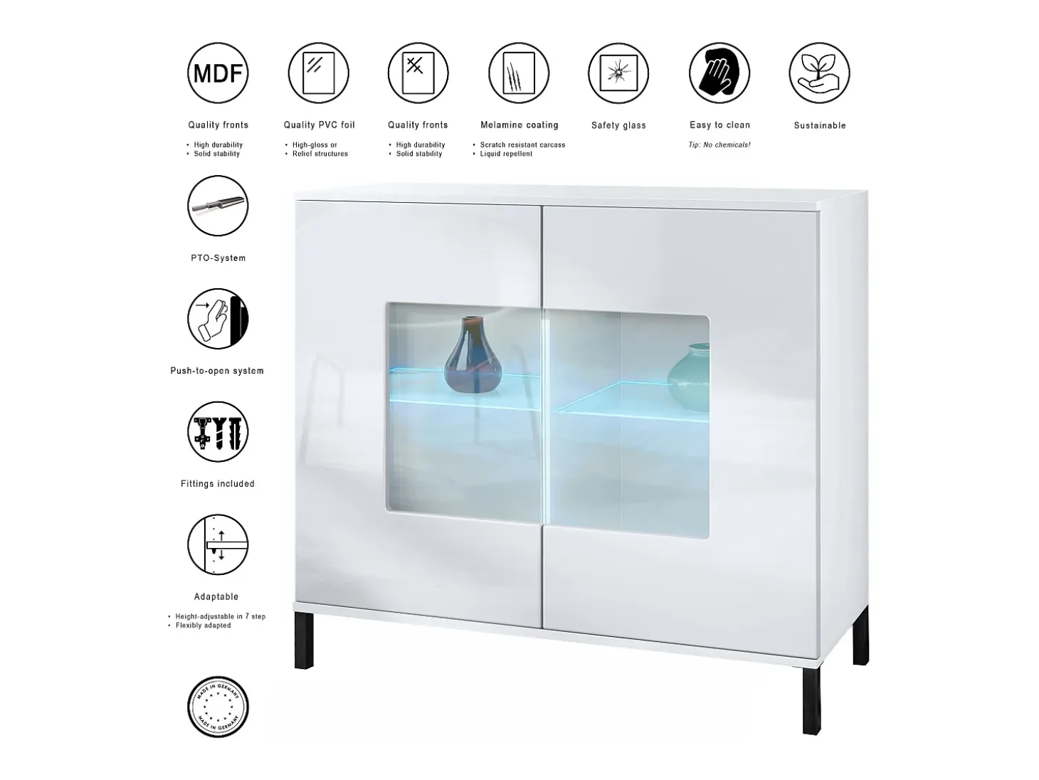 Cómoda Grömitz V3, Moderno armario de cocina con 2 grandes puertas de cristal incl. iluminación RGB blanco mate / negro de alto brillo (92,5 x 83.5 x 35)