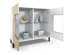 Cómoda Grömitz V3, Moderno armario de cocina con 2 grandes puertas de cristal blanco mate / negro de alto brillo (92,5 x 83.5 x 35)