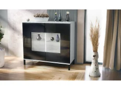 Cómoda Grömitz V3, Moderno armario de cocina con 2 grandes puertas de cristal blanco mate / negro de alto brillo (92,5 x 83.5 x 35)