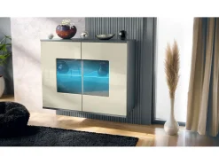 Cómoda Grömitz V3, Moderno armario de cocina con 2 grandes puertas de cristal incl. iluminación RGB antracita mate / crema de alto brillo (92,5 x 73.5 x 35)