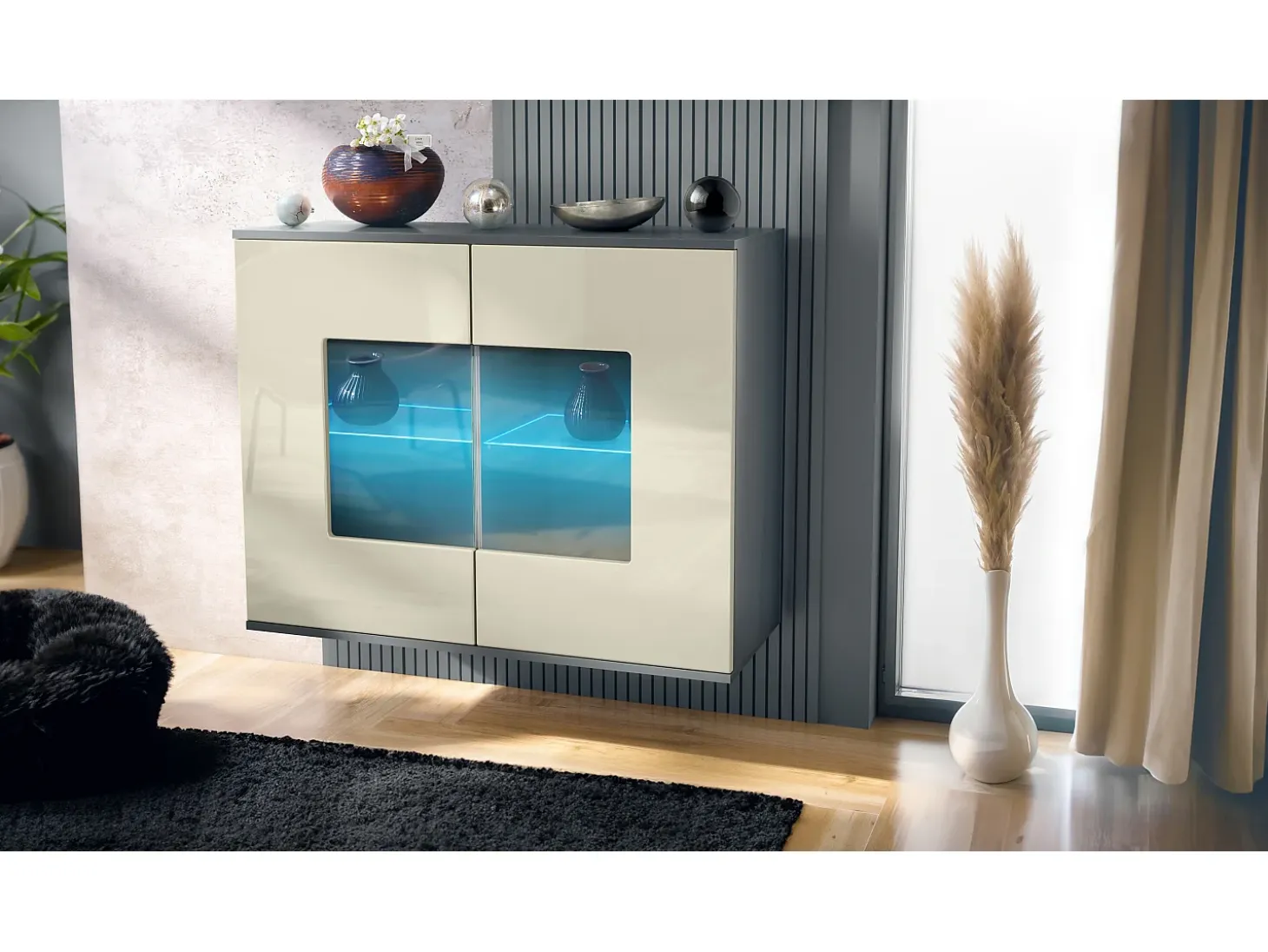 Cómoda Grömitz V3, Moderno armario de cocina con 2 grandes puertas de cristal incl. iluminación RGB antracita mate / crema de alto brillo (92,5 x 73.5 x 35)