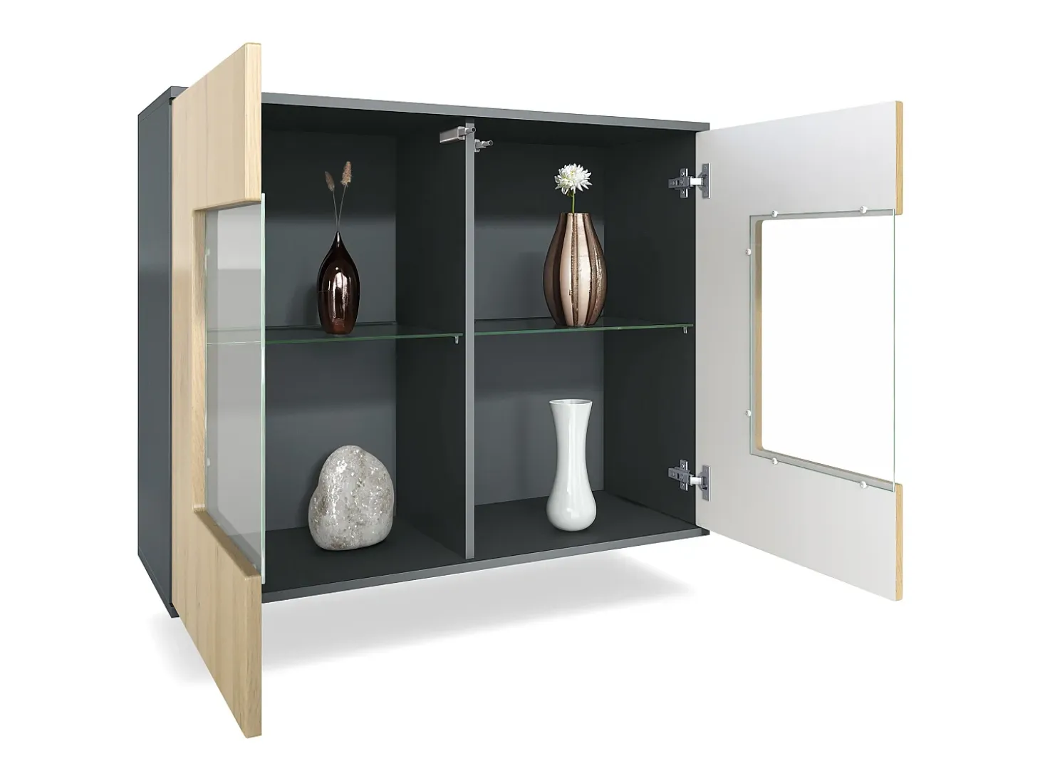Cómoda Grömitz V3, Moderno armario de cocina con 2 grandes puertas de cristal incl. iluminación RGB antracita mate / crema de alto brillo (92,5 x 73.5 x 35)