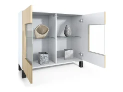 Cómoda Grömitz V3, Moderno armario de cocina con 2 grandes puertas de cristal incl. iluminación RGB blanco mate / gris arena de alto brillo (92,5 x 84.5 x 35)