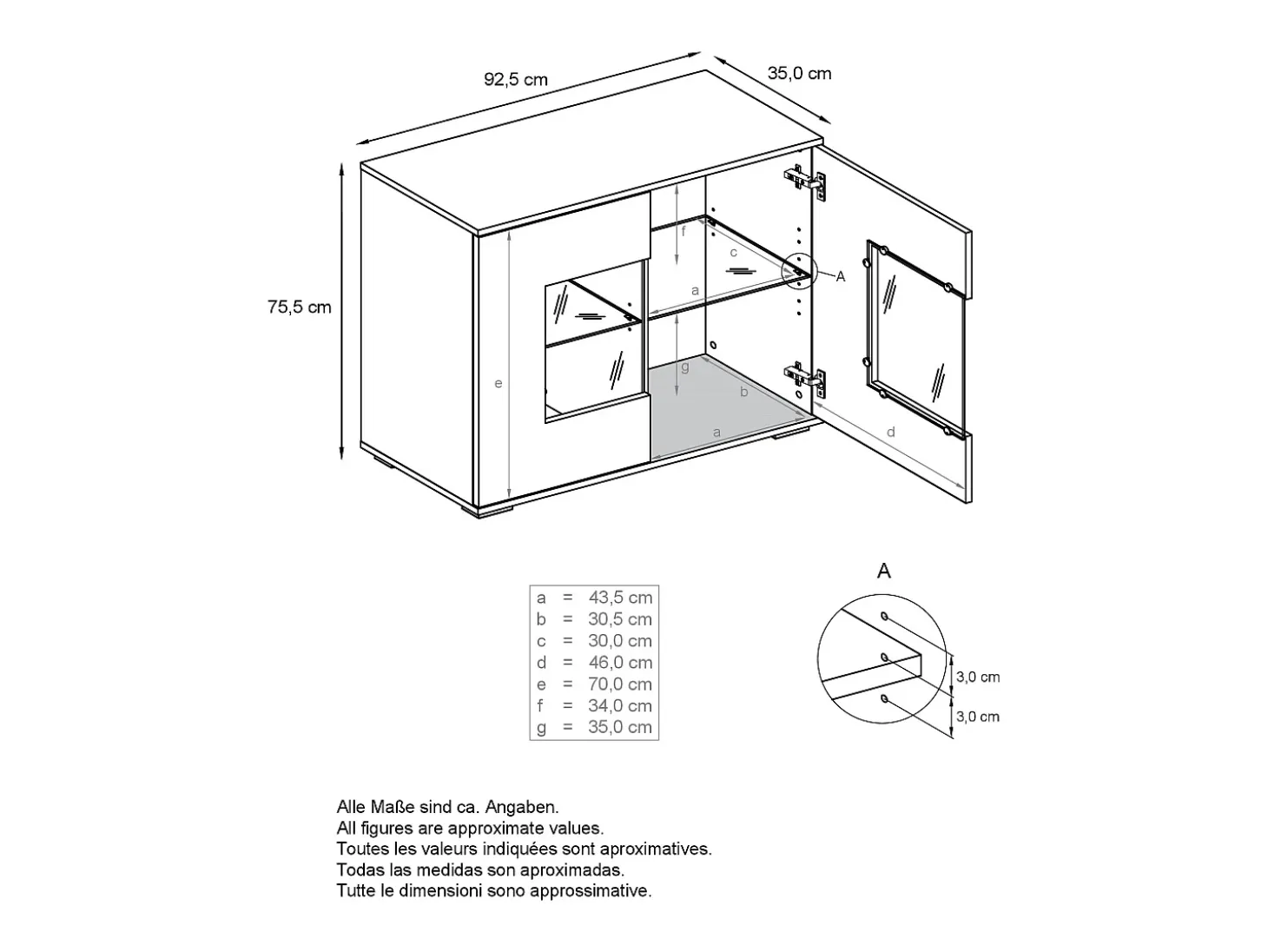 Cómoda Grömitz V3, Moderno armario de cocina con 2 grandes puertas de cristal incl. iluminación RGB antracita mate / gris de alto brillo (92,5 x 75.5 x 35)