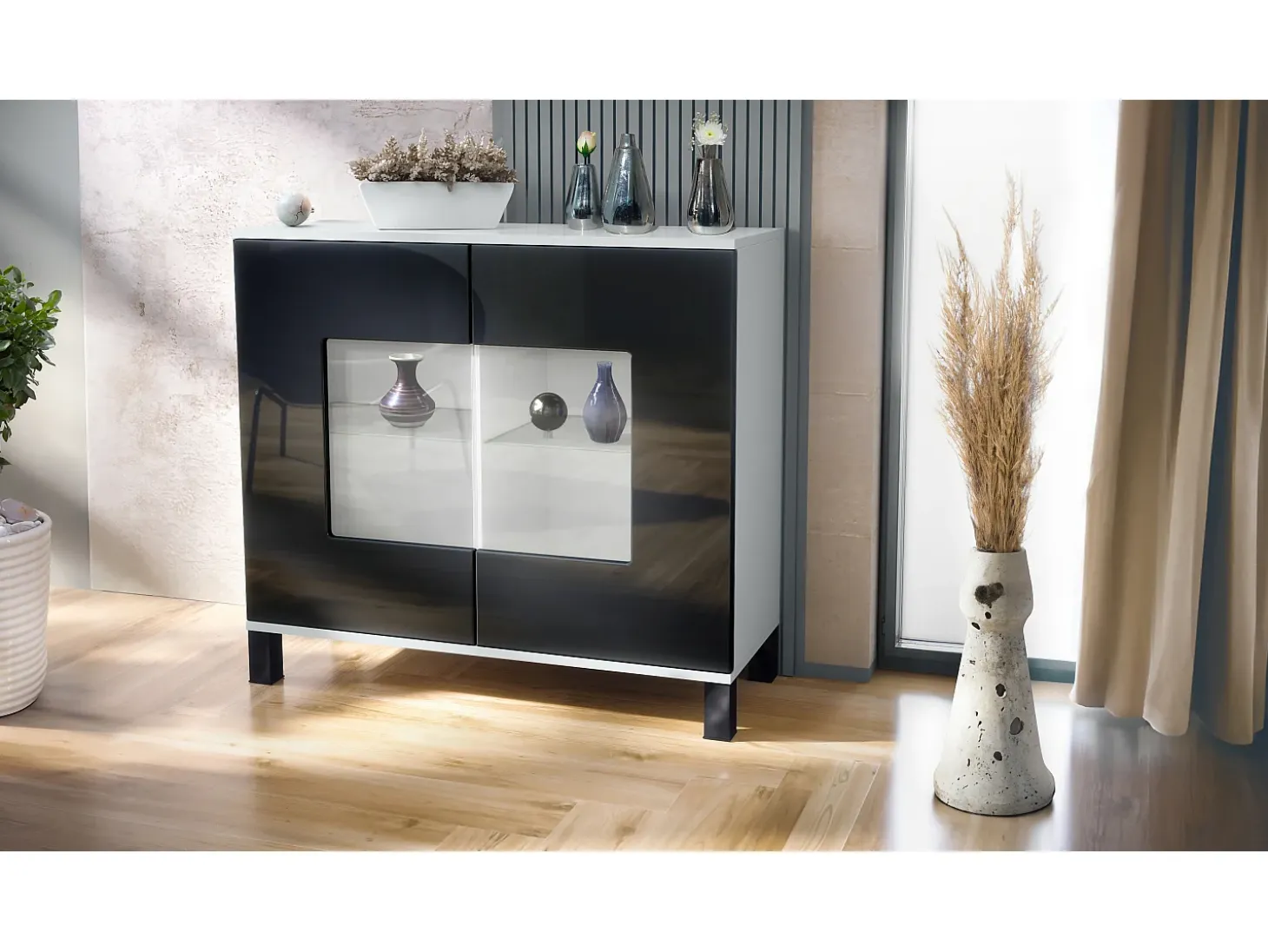 Cómoda Grömitz V3, Moderno armario de cocina con 2 grandes puertas de cristal blanco mate / negro de alto brillo (92,5 x 84.5 x 35)