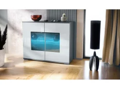Cómoda Grömitz V3, Moderno armario de cocina con 2 grandes puertas de cristal incl. iluminación RGB antracita mate / blanco de alto brillo (92,5 x 75.5 x 35)